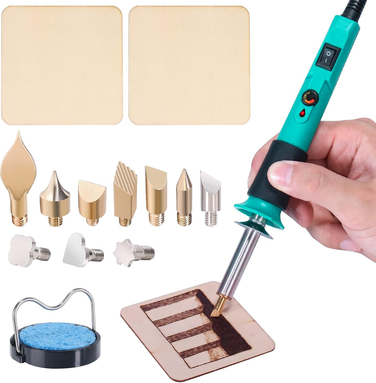 YIHUA 930-IV Pyrography Wood Burning Pen Kit Adjustable Temperature, Power Switch, Heat Deflector, Rubber Grip with 10 Pyrography Tips, 2 Wood Pieces, Flip-Up Pen Stand, for Woodburning DIY Crafts