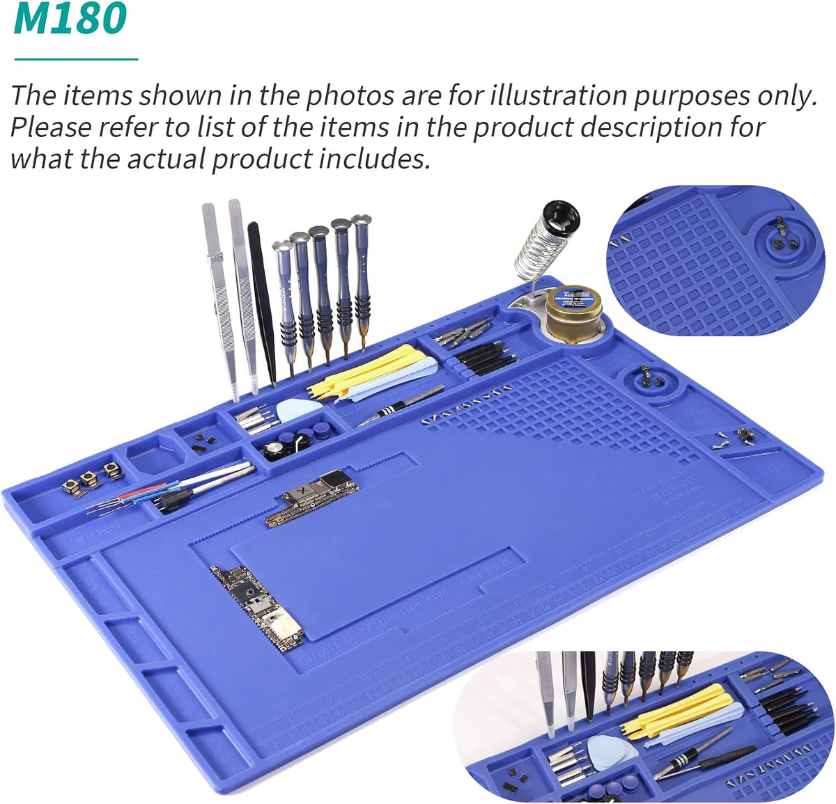 YIHUA M180 Anti-Slip Magnetic Insulation 500℃ Heat-Resistant Silicone Work Mat for Soldering, SMD Rework, Mobile Phone, Laptop, Electronics Repair and DIY Size: 17.32 x 12.20 Inches (M180)