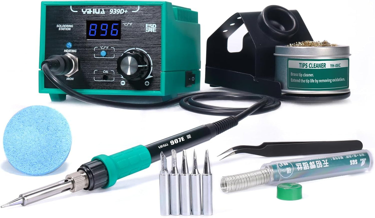 YIHUA 939D+ Digital Soldering Station, 75W Equivalent with Precision Heat Control (392°F to 896°F) and Built-in Transformer. ESD Safe, Lead Free with °C/°F display (Black)