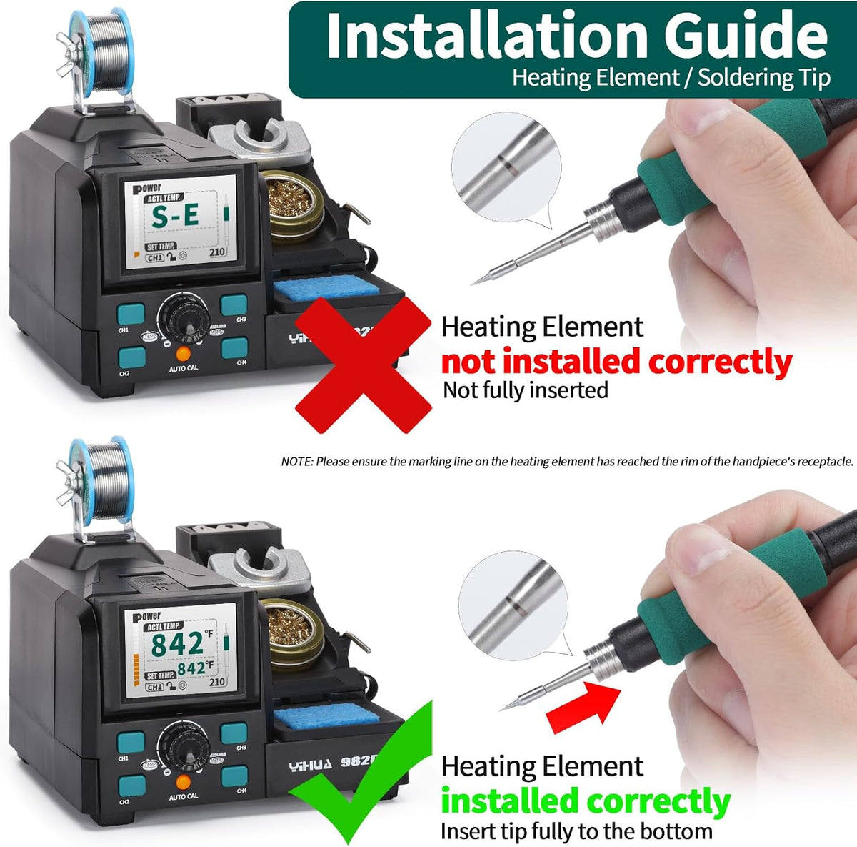 YIHUA 982D Precision Soldering Station with 3 C210 & 3 C245 Soldering Tips, Lead-Free Solder Wire, C210 & C245-Compatible Handpiece, AUTO Temp. Calibration, Sleep Mode, Full-Color Display.