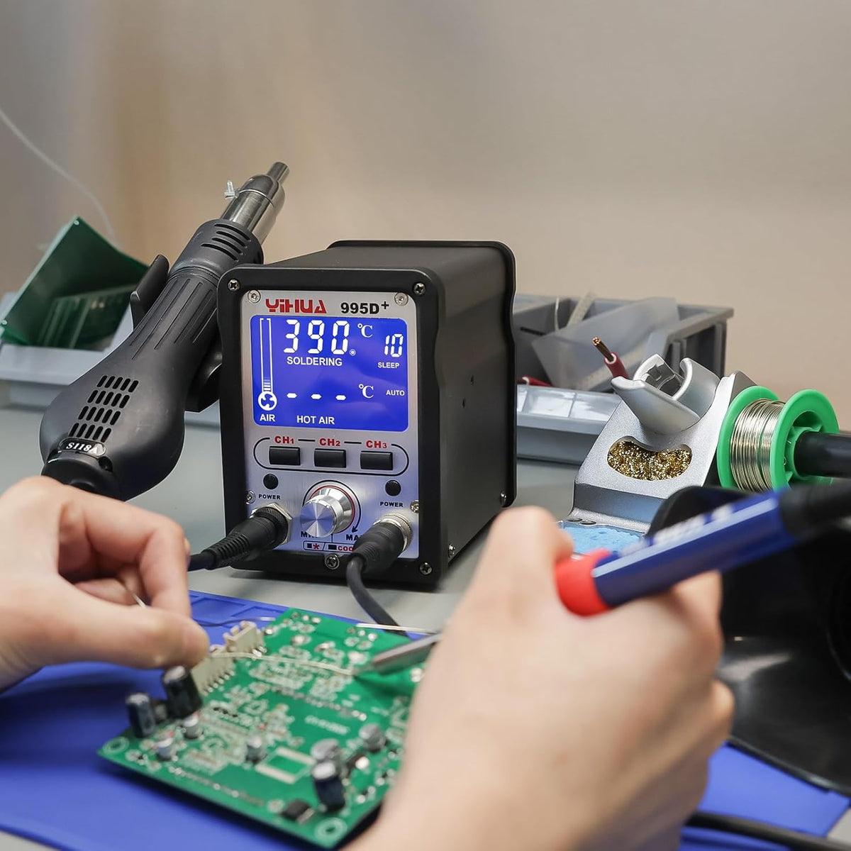 YIHUA 995D+ 2 in 1 Hot Air Rework and Soldering Iron Station with 3 Memories, Large LCD Screen Display, Cool/Hot Air Conversion, Sleep Mode, F /C