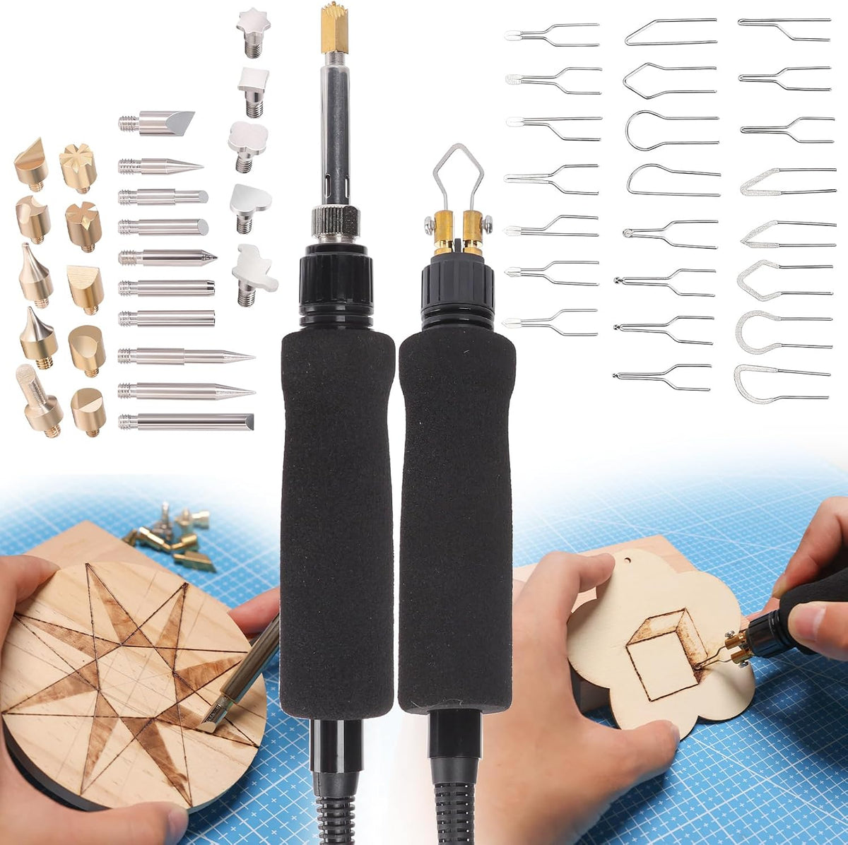 YIHUA 939D-VII Pyrography Tool Wood Burning Pen Kit Station 2-in-1 Solid-Point 200~480°C (with Temp Display)/Wire-Nib 250~750°C with 23 Nibs, 25 Solid Points, 4 Woodpieces