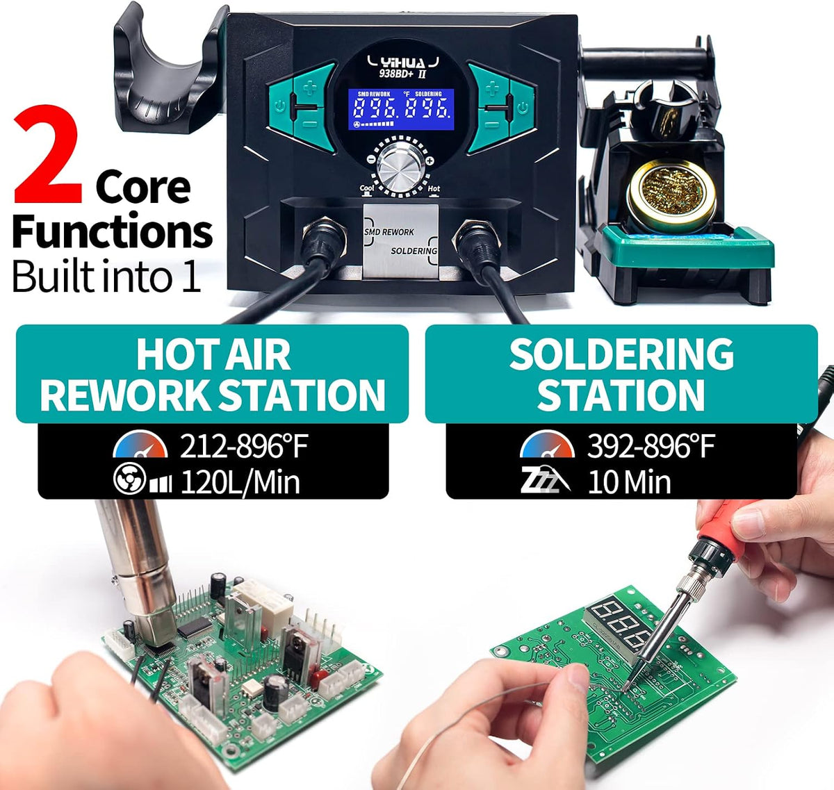 YIHUA 938BD+ II Soldering Iron Station Hot Air Rework with Sleep Mode, °F /°C, Digital Temperature Calibration Functions with Lead-free solder wire, 3 soldering tips, X-2 holder