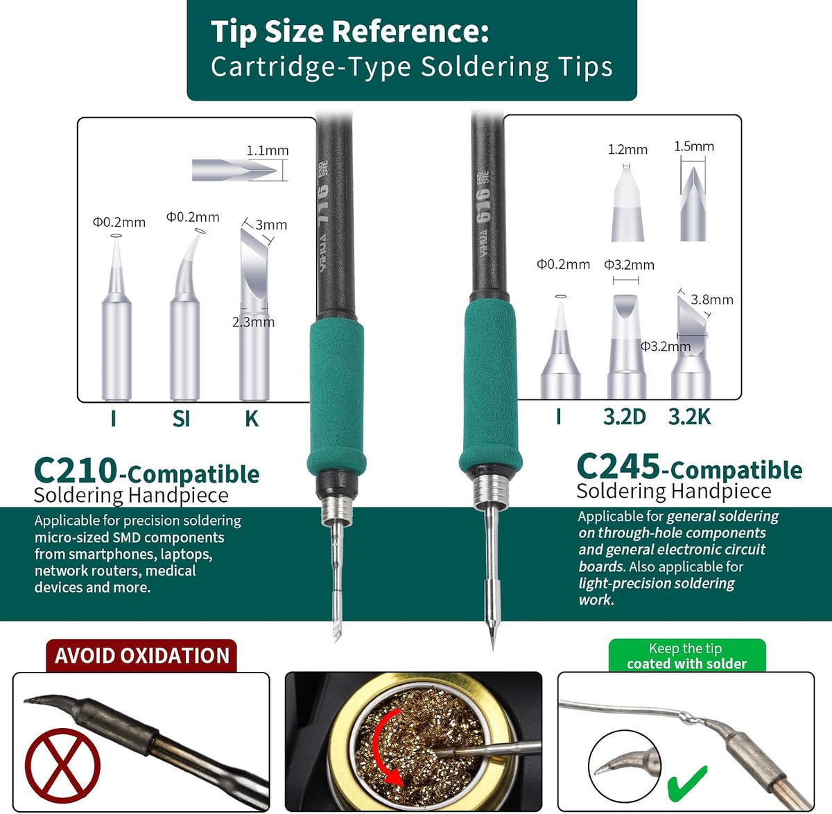 YIHUA 982D Precision Soldering Station with 3 C210 & 3 C245 Soldering Tips, Lead-Free Solder Wire, C210 & C245-Compatible Handpiece, AUTO Temp. Calibration, Sleep Mode, Full-Color Display.