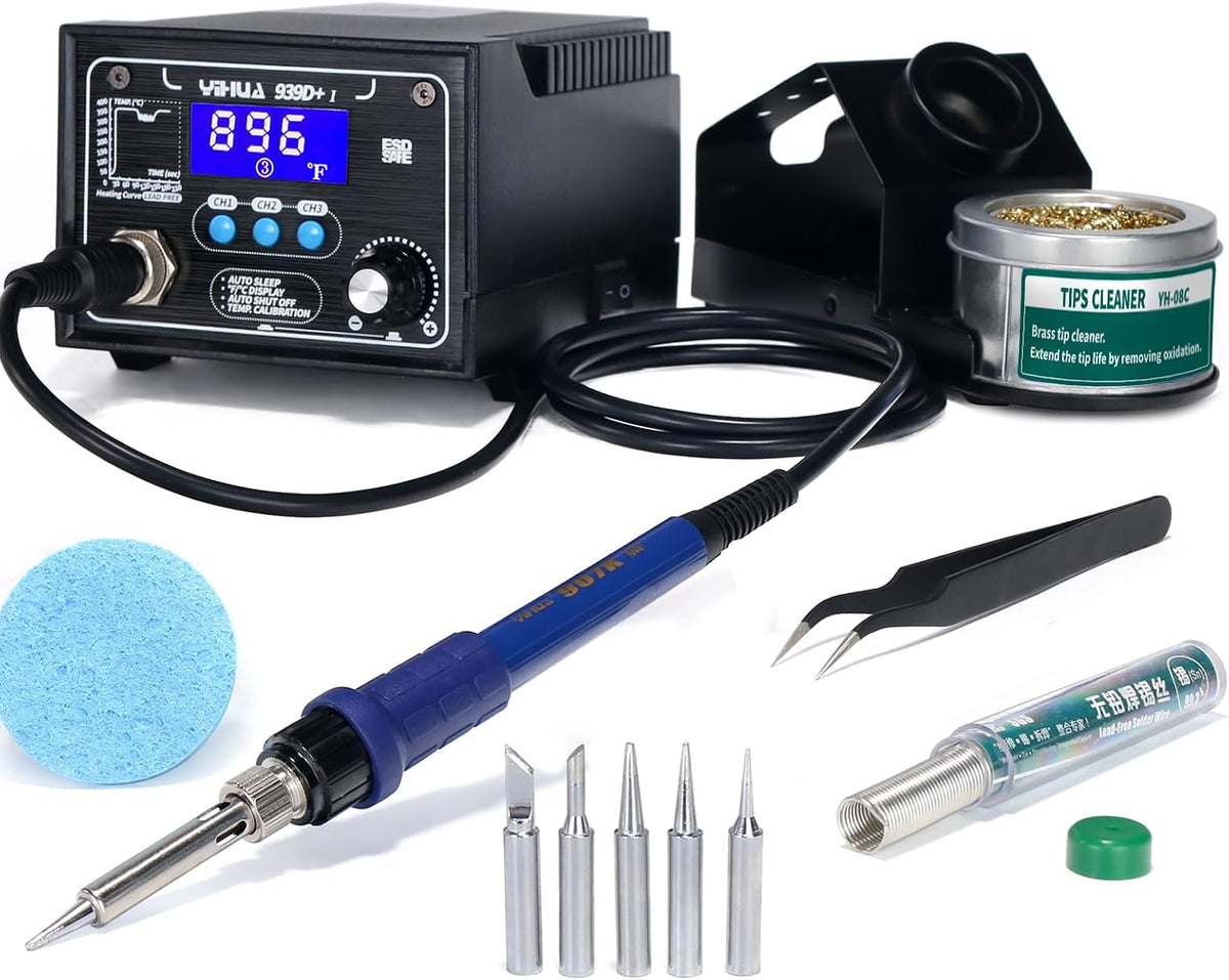 YIHUA 939D+ Digital Soldering Station, 75 Watt Equivalent with Temperature Control, °C/°F Display. ESD safe for Electronics. Aluminum Panel (Resists Burn). Solder Tips, Lead-free Solder & Extras