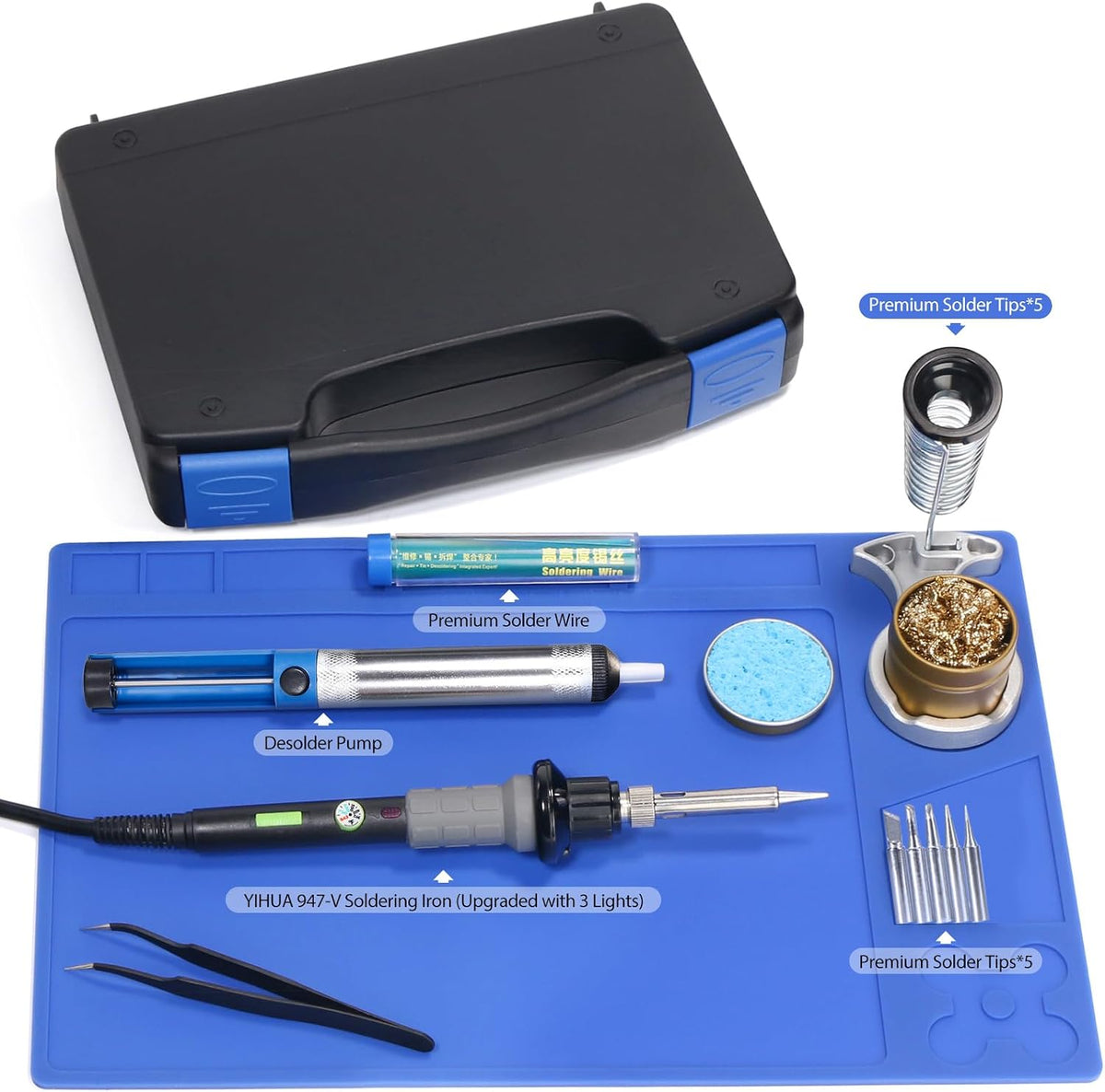 YIHUA 947-V Soldering Iron Kit with 3 LED Lights, Temperature Control, 5 Premium Solder Tips, Desoldering Pump, Indicator & ON/OFF Switch-60 Watts Soldering Iron, Solder Wire, Tip Cleaner, and more.