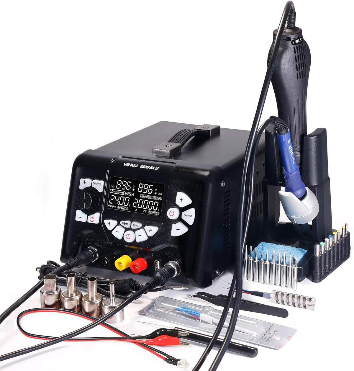 YIHUA 853D 5A-II 3 in 1 Hot Air Rework Soldering Iron Station and DC Power Supply 30V 5A -°F /°C Multiple Functions