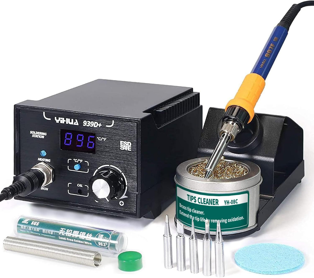 YIHUA 939D+ Digital Soldering Station, 75 Watt Equivalent with Temperature Control, °C/°F Display. ESD safe for Electronics. Aluminum Panel (Resists Burn). Solder Tips, Lead-free Solder & Extras