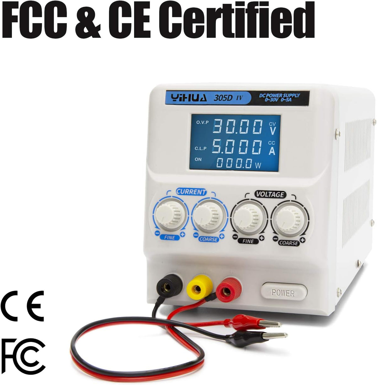 YIHUA 305D-IV Regulated Variable DC Lab Power Supply 0-5A 0-30V Low Noise Bench Switch Mode Power Supply with Alligator Clips, High Precision for R&D, Labs, Laptops, Phone Repair & Electronic DIY