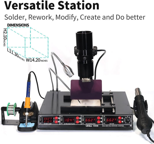 YIHUA 1000B- 4 in 1 Station - IR Infrared BGA, Preheater, Soldering Station and Hot Air Rework Station, plus a Temp Sensor, ºC/°F display, PCBs Holder, LED Lamp and more.