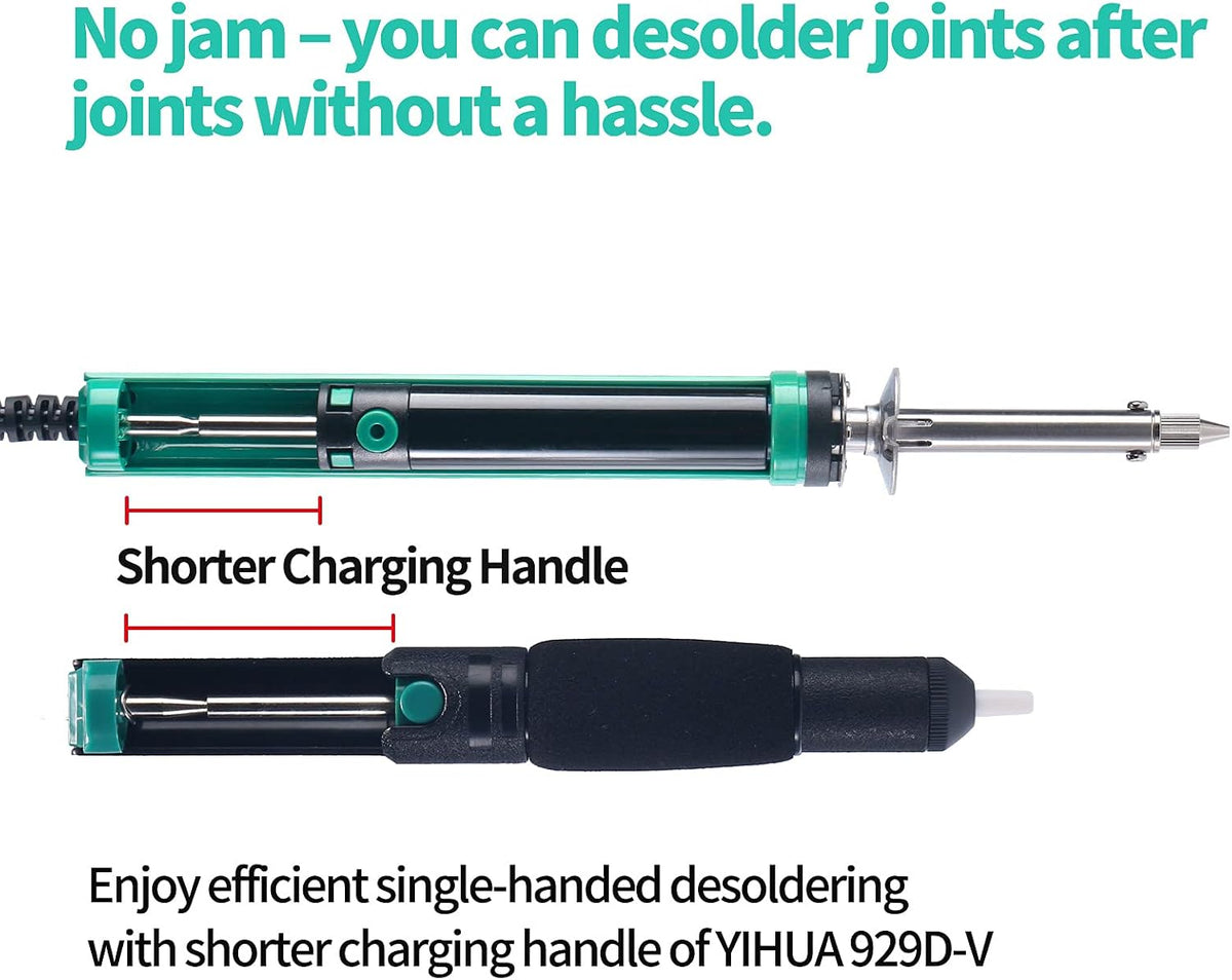 YIHUA 929D-V Electric Desoldering Soldering Iron Solder Sucker Desoldering Pump with Shorter Charging Handle and Desoldering Nozzles 1.0mm 1.2mm for Through-Hole Desoldering
