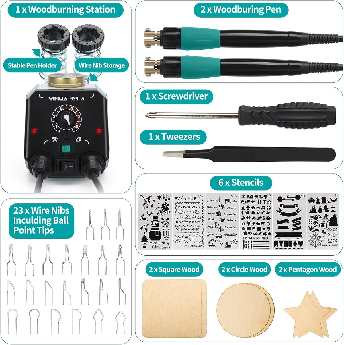 YIHUA 939-VI Dual Wood Burning Pen Wood Burning Kit with 23 Wire Nib in Varied Shapes, Detachable Pyrography Pen, 6 Wood Pieces, 6 Stencils and Screw Driver, Tweezers Used as Wood Burning Tool