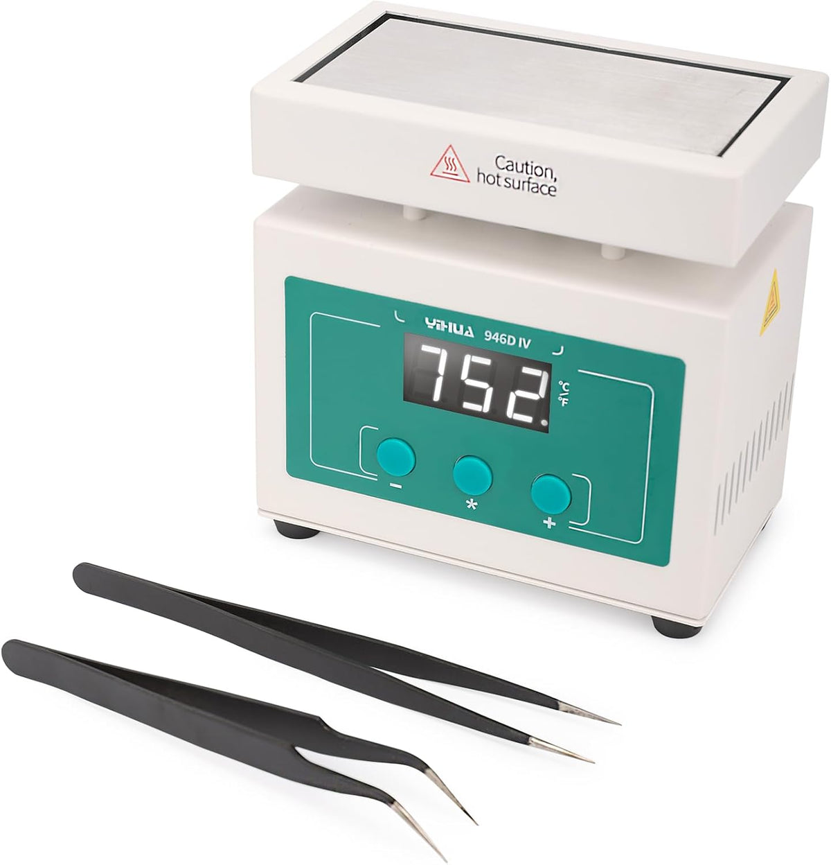 YIHUA 946D-IV Soldering Hot Plate Mini Size, Rework Heater with 2 ESD-Safe Tweezers, Adjustable Temp, °C/°F Conversion, PID Temp Control, 100 * 50mm Aluminum Heating Plate