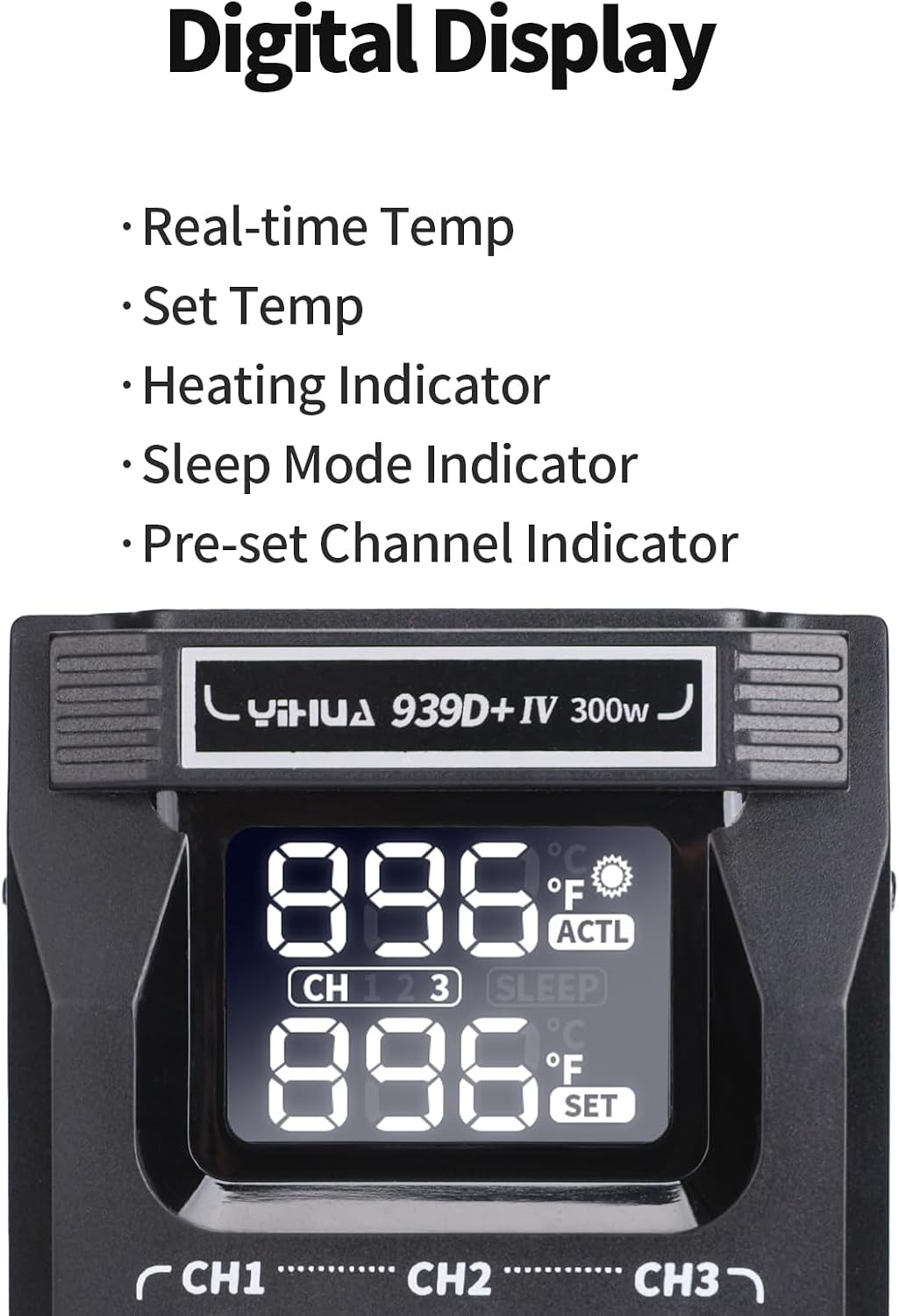 YIHUA 939D+ IV 300W Heavy Duty Soldering Iron Station for Stained Glass, Temp Adjustable Solder Station with Detachable Solder Iron, 3 Soldering Tips, 3 Pre-set Channels, Sleep Mode, ESD-Safe