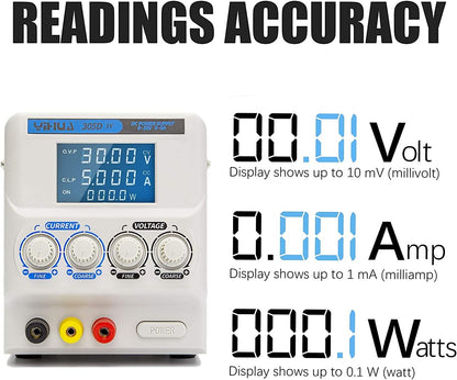 YIHUA 305D-IV Regulated Variable DC Lab Power Supply 0-5A 0-30V Low Noise Bench Switch Mode Power Supply with Alligator Clips, High Precision for R&D, Labs, Laptops, Phone Repair & Electronic DIY