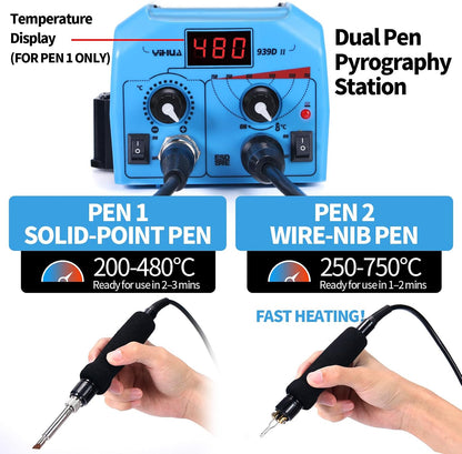 YIHUA 939D-II Pyrography Pen Wood Burning Kit Station 2-in-1 Solid-Point 200~480°C (with Temp Display)/Wire-Nib 250~750°C with 20 Nibs, Solid Points, 1 Stable Pen Holder, 2 Scrap Wood (Blue)