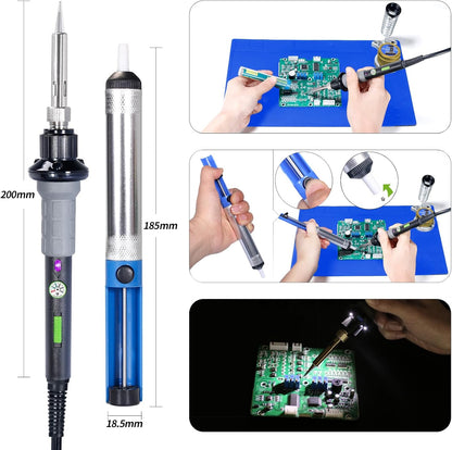 YIHUA 947-V Soldering Iron Kit with 3 LED Lights, Temperature Control, 5 Premium Solder Tips, Desoldering Pump, Indicator & ON/OFF Switch-60 Watts Soldering Iron, Solder Wire, Tip Cleaner, and more.