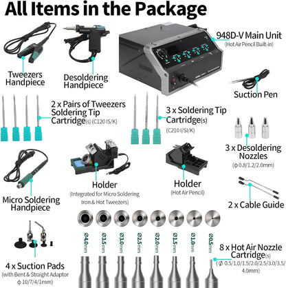 YIHUA 948D V 5-IN-1 Micro Soldering Hot Air Rework Station with C210 Microsoldering Iron, Hot Tweezers Iron, Desoldering Tool, Hot Air Pencil, Suction Pen for BGA SMD Rework Under the Microscope