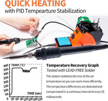 YIHUA 926 III 60W LED Display Soldering Iron Station Kit w 2 Helping Hands, 6 Extra Iron Tips, Roll of Lead-Free Solder, Solder Sucker, S/S Tweezers, °C/ºF Conversion, Auto Sleep & Calibration Support