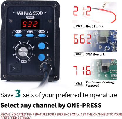 YIHUA 959D-Digital Hot Air Rework Station, High Power with 3 Memories, Airflow Efficiency, °F /°C Display, Accurate Temp.(212°F~932°F), Brushed Aluminum Panel & Safety Features