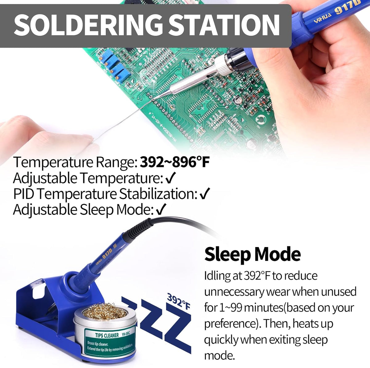 YIHUA 853D 2A USB SMD Hot Air Rework Soldering Iron Station, DC Power Supply 0-15V 0-2A with 5V USB Charging Port and 35 Volt DC Voltage Test Meter