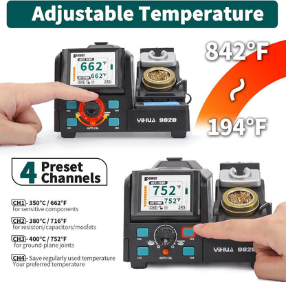 YIHUA 982D Precision Soldering Station with 3 C210 & 3 C245 Soldering Tips, Lead-Free Solder Wire, C210 & C245-Compatible Handpiece, AUTO Temp. Calibration, Sleep Mode, Full-Color Display.