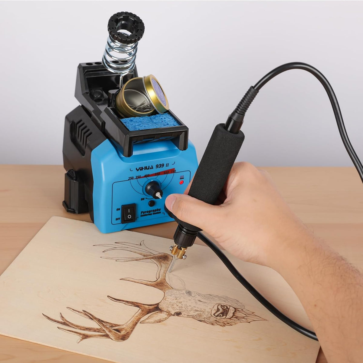 YIHUA 939-II Wood Burning Kit Station Pyrography Pen 250~750℃/482~1382℉ Temperature Adjustable with 20 Wire Nibs, 1 Stable Pen Holder, 2 Stencils, 2 Scrap Wood, 1 S/S Tweezers, and 1 Pliers (Blue)