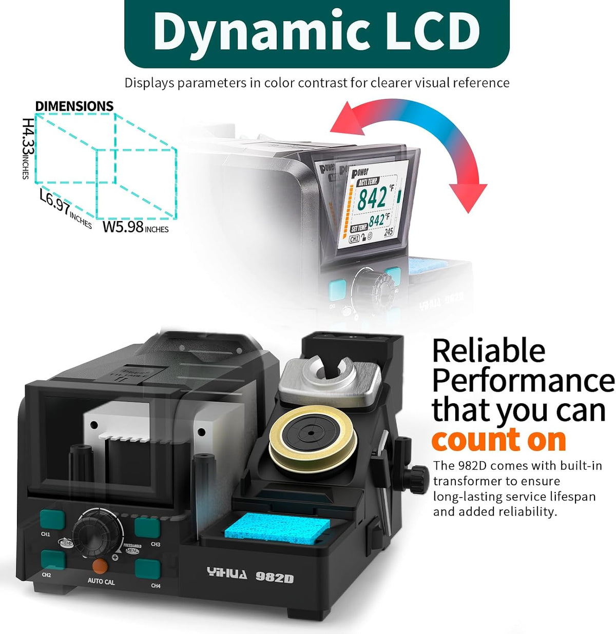 YIHUA 982D Precision Soldering Station with 3 C210 & 3 C245 Soldering Tips, Lead-Free Solder Wire, C210 & C245-Compatible Handpiece, AUTO Temp. Calibration, Sleep Mode, Full-Color Display.
