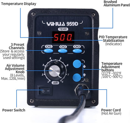 YIHUA 959D-Digital Hot Air Rework Station, High Power with 3 Memories, Airflow Efficiency, °F /°C Display, Accurate Temp.(212°F~932°F), Brushed Aluminum Panel & Safety Features