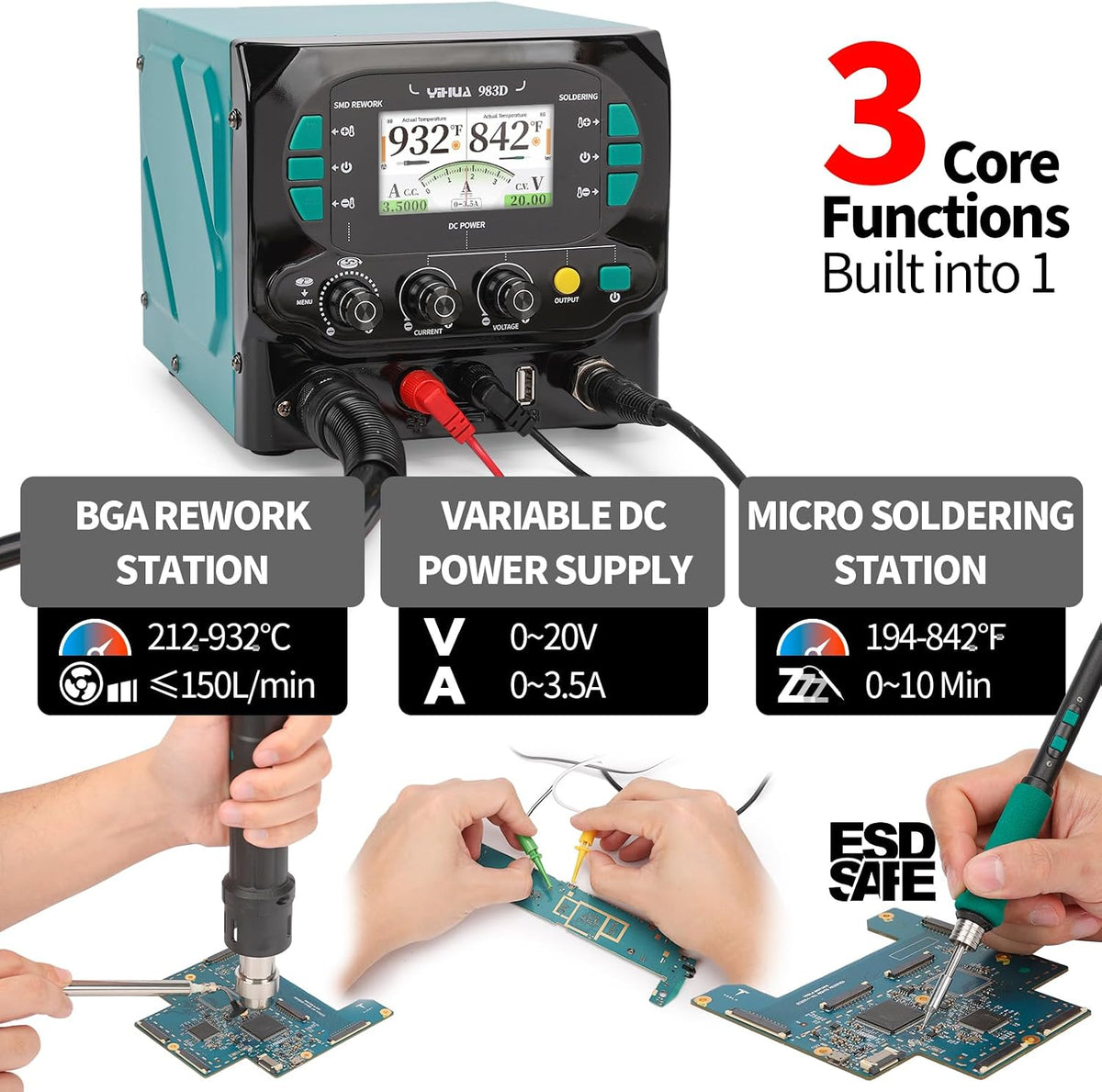YIHUA 983D 3-IN-1 Micro Soldering Station, BGA Hot Air Rework Station, Lab Variable DC Power Supply