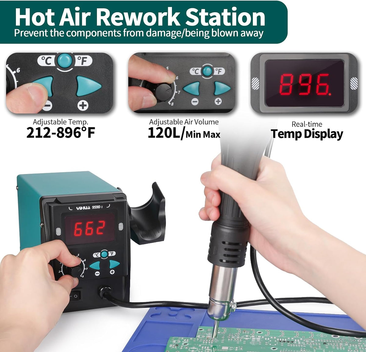 YIHUA 959D I Digital Hot Air Rework Station for SMD Reflow Soldering with 3 Hot Air Nozzles