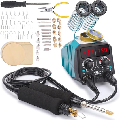 YIHUA 939D-VII Pyrography Tool Wood Burning Pen Kit Station 2-in-1 Solid-Point 200~480°C (with Temp Display)/Wire-Nib 250~750°C with 23 Nibs, 25 Solid Points, 4 Woodpieces