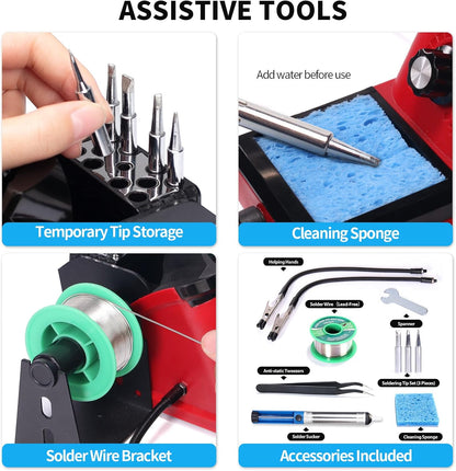 YIHUA 926 III 110W Soldering Iron Station Kit with LED Display, 2 Helping Hands, 3 Extra Iron Tips, 35g Lead-Free Solder, Solder Sucker, S/S Tweezers, °C/°F Conversion, Calibration & Sleep Features