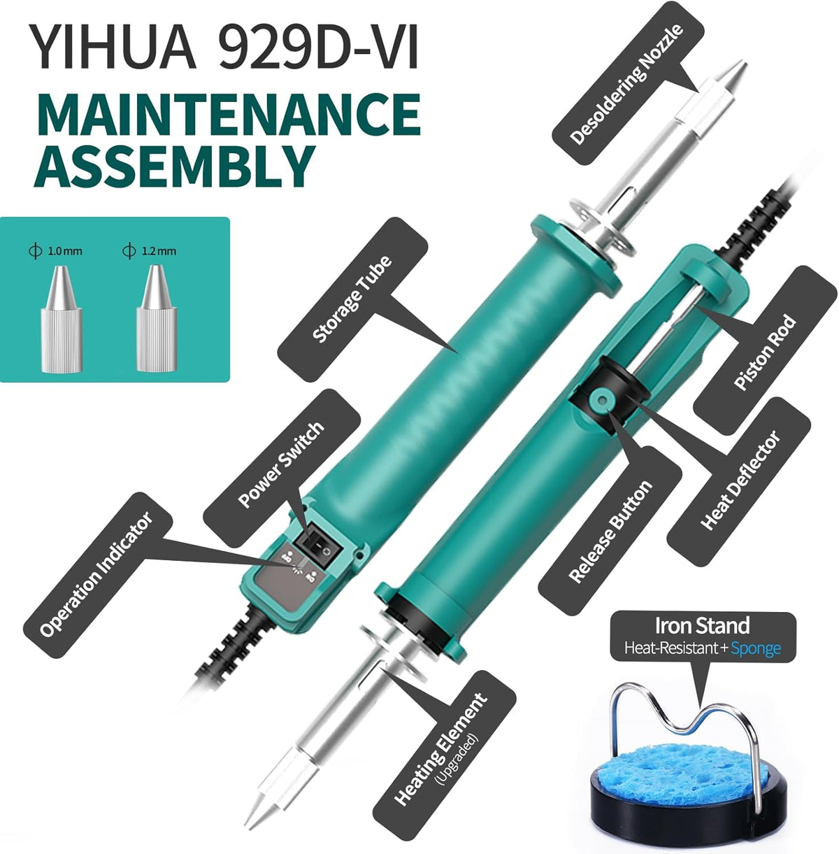 YIHUA 929D VI Temperature Controlled Electric Desoldering Iron with Upgraded Performance Heated Solder Sucker Tool with 3 Nozzles Soldering Iron Pump Function