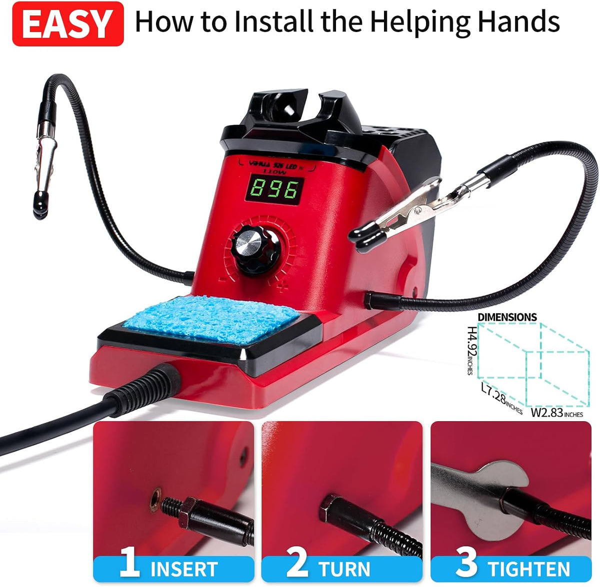 YIHUA 926 III 110W Soldering Iron Station Kit with LED Display, 2 Helping Hands, 3 Extra Iron Tips, 35g Lead-Free Solder, Solder Sucker, S/S Tweezers, °C/°F Conversion, Calibration & Sleep Features