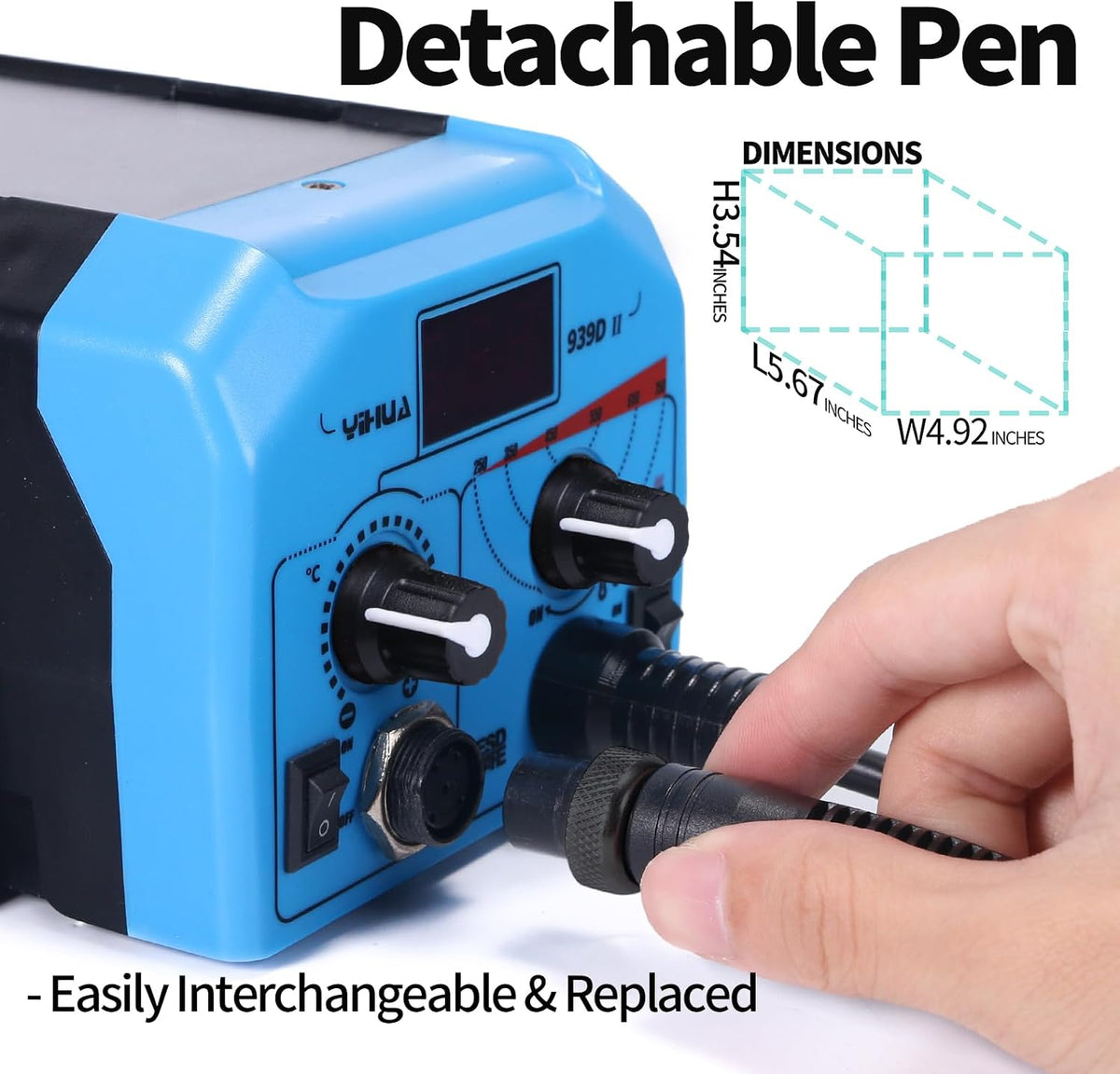 YIHUA 939D-II Pyrography Pen Wood Burning Kit Station 2-in-1 Solid-Point 200~480°C (with Temp Display)/Wire-Nib 250~750°C with 20 Nibs, Solid Points, 1 Stable Pen Holder, 2 Scrap Wood (Blue)