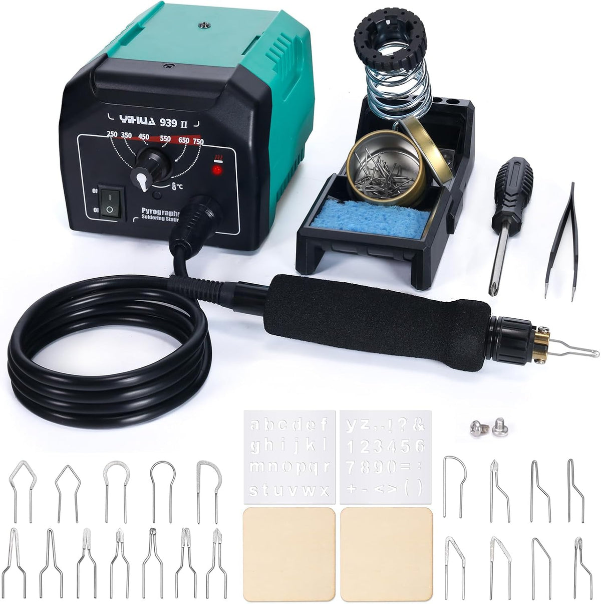 YIHUA 939-II Wood Burning Kit Station Pyrography Pen 250~750℃/482~1382℉ Temperature Adjustable with 20 Wire Nibs, 1 Stable Pen Holder, 2 Stencils, 2 Scrap Wood, 1 S/S Tweezers, and 1 Pliers (Blue)