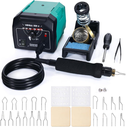 YIHUA 939-II Wood Burning Kit Station Pyrography Pen 250~750℃/482~1382℉ Temperature Adjustable with 20 Wire Nibs, 1 Stable Pen Holder, 2 Stencils, 2 Scrap Wood, 1 S/S Tweezers, and 1 Pliers (Blue)