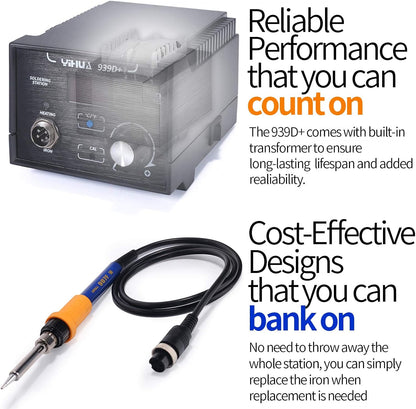 YIHUA 939D+ Digital Soldering Station, 75 Watt Equivalent with Temperature Control, °C/°F Display. ESD safe for Electronics. Aluminum Panel (Resists Burn). Solder Tips, Lead-free Solder & Extras