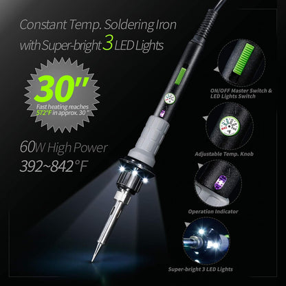 YIHUA 947-V Soldering Iron Kit with 3 LED Lights, Temperature Control, 5 Premium Solder Tips, Desoldering Pump, Indicator & ON/OFF Switch-60 Watts Soldering Iron, Solder Wire, Tip Cleaner, and more.
