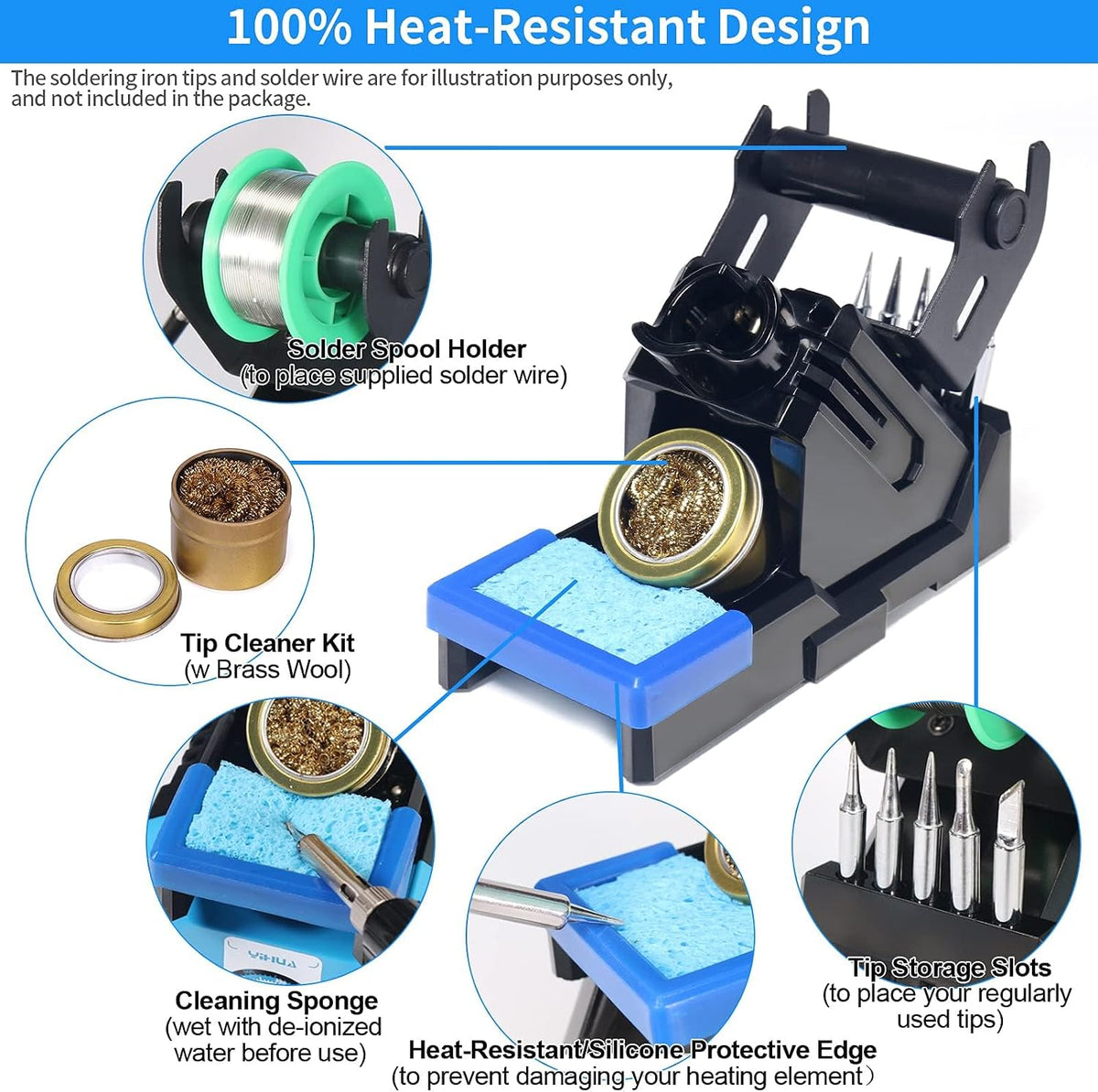 YIHUA X-2 Evolution Advanced Heat-Resistant Soldering Iron Holder & Storage System with Solder Spool Holder, Brass Wool Tip Cleaner, Cleaning Sponge, Protective Edge, 5 Integrated Tip Storage Slots