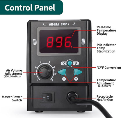 YIHUA 959D I Digital Hot Air Rework Station for SMD Reflow Soldering with 3 Hot Air Nozzles