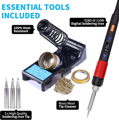 YIHUA 928D-III Soldering Iron,110W High Power, Fully Digital Display °F /°C- Temperature Control Soldering Tool, Accurate 194~896°F, with ON/OFF Switch, Iron Tip, Brass Wool, Automatic Sleep Mode