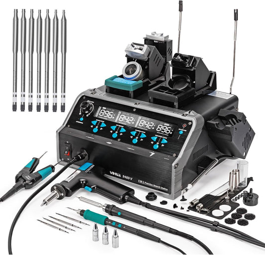 YIHUA 948D V 5-IN-1 Micro Soldering Hot Air Rework Station with C210 Microsoldering Iron, Hot Tweezers Iron, Desoldering Tool, Hot Air Pencil, Suction Pen for BGA SMD Rework Under the Microscope