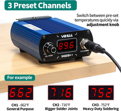 YIHUA 948DB+ II Soldering Iron Station Kit compatible for T12 solder iron tip with 3 tips with °F-°C Conversion, Sleep Mode, Auto Shutdown, Preset Channels, Calibration Functions