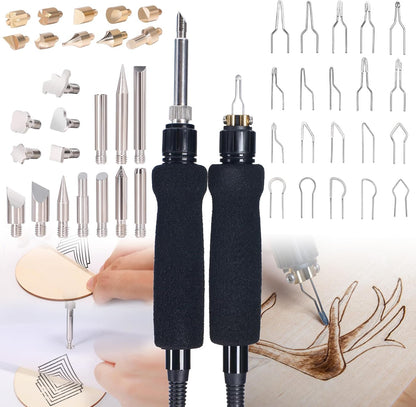 YIHUA 939D-II Pyrography Pen Wood Burning Kit Station 2-in-1 Solid-Point 200~480°C (with Temp Display)/Wire-Nib 250~750°C with 20 Nibs, Solid Points, 1 Stable Pen Holder, 2 Scrap Wood (Blue)