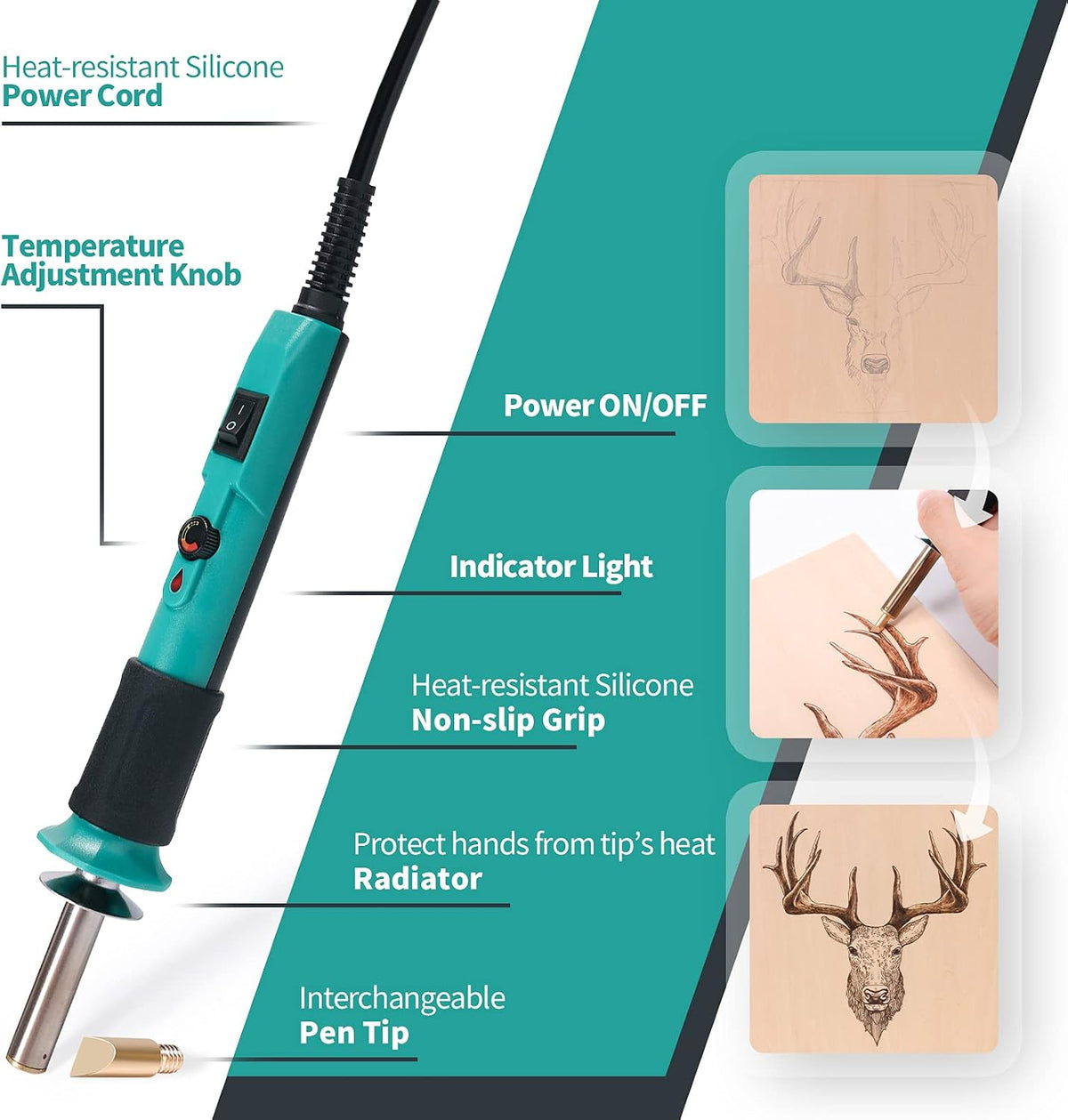 YIHUA 930-IV Pyrography Wood Burning Pen Kit Adjustable Temperature, Power Switch, Heat Deflector, Rubber Grip with 10 Pyrography Tips, 2 Wood Pieces, Flip-Up Pen Stand, for Woodburning DIY Crafts