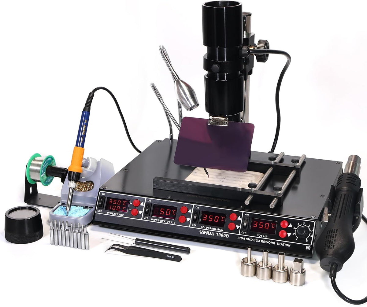 YIHUA 1000B- 4 in 1 Station - IR Infrared BGA, Preheater, Soldering Station and Hot Air Rework Station, plus a Temp Sensor, ºC/°F display, PCBs Holder, LED Lamp and more.