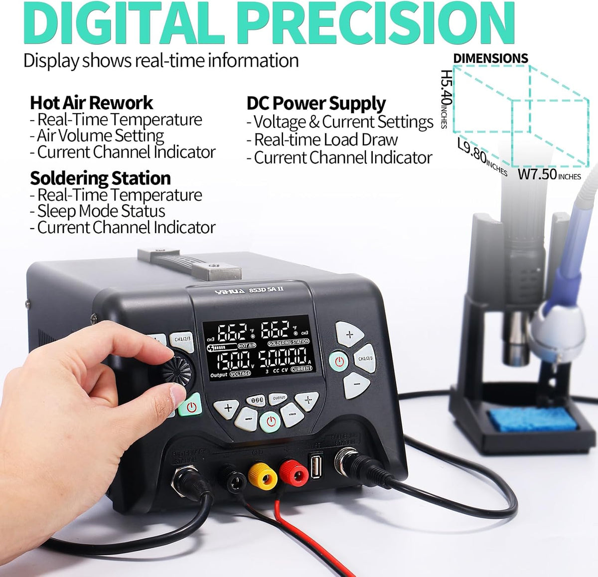 YIHUA 853D 5A-II 3 in 1 Hot Air Rework Soldering Iron Station and DC Power Supply 30V 5A -°F /°C Multiple Functions