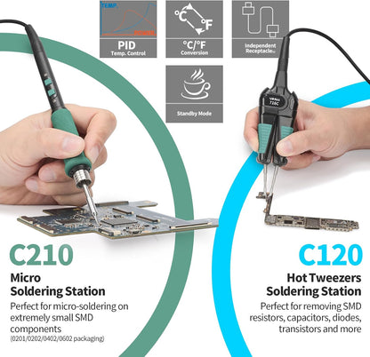 YIHUA 948D V 5-IN-1 Micro Soldering Hot Air Rework Station with C210 Microsoldering Iron, Hot Tweezers Iron, Desoldering Tool, Hot Air Pencil, Suction Pen for BGA SMD Rework Under the Microscope
